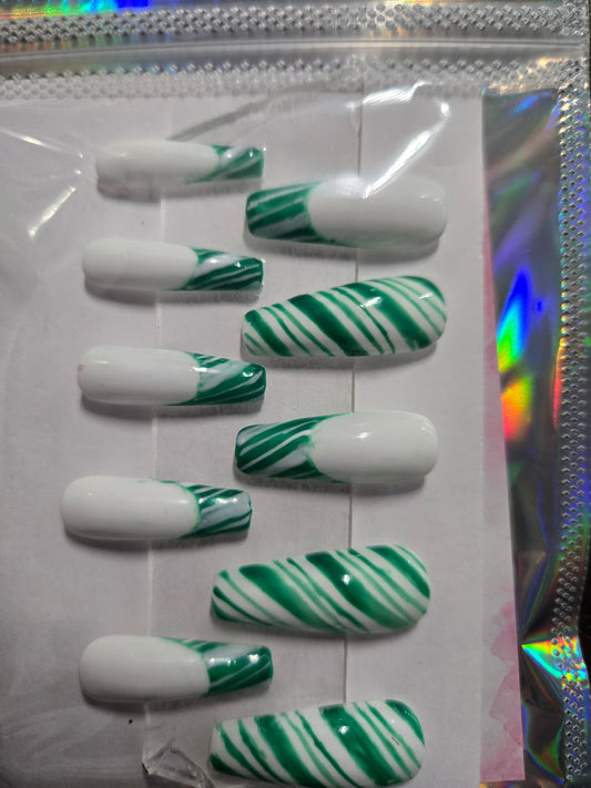 Press-On Nails- Green French Candy Cane- I Dream of Polish
