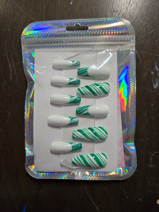 Press-On Nails- Green French Candy Cane- I Dream of Polish