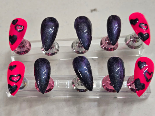 Press-On Nails- Hot Pink Galaxy Hearts -by I Dream of Polish