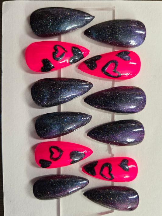 Press-On Nails- Hot Pink Galaxy Hearts -by I Dream of Polish