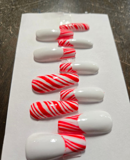Press-On Nails- Red French Candy Cane